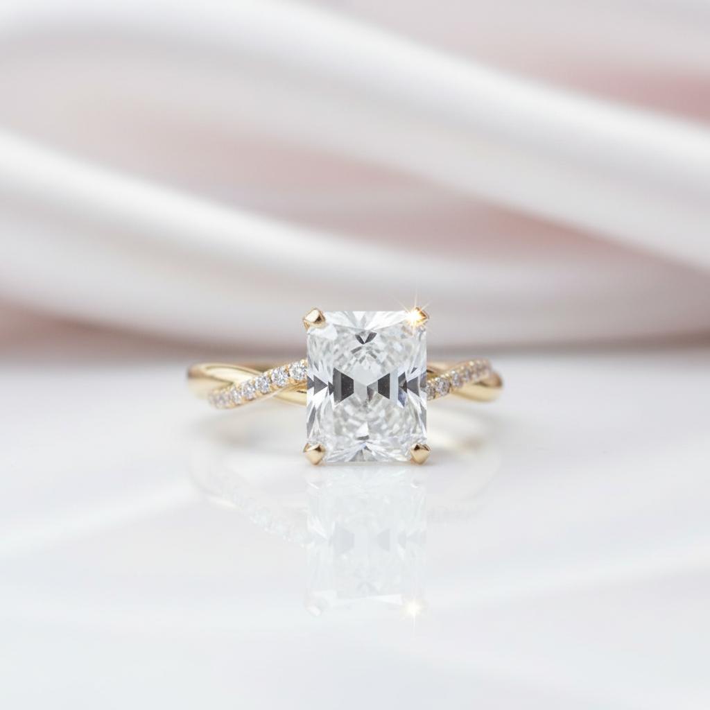 4.5 Carat Radiant Cut Twist Yellow Gold Engagement Ring-Black Diamonds New York