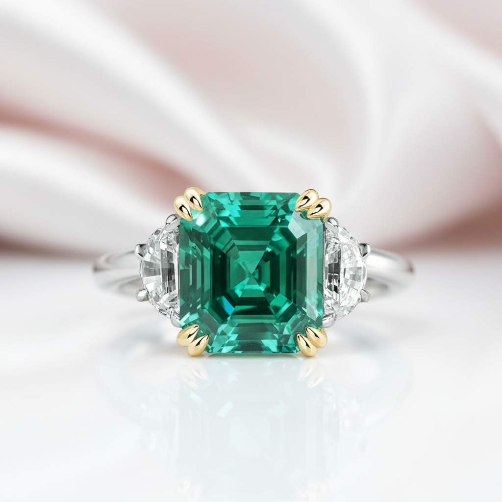 4.5ct Simulated Paraiba Tourmaline Asscher Cut Three Stone Engagement Ring-Black Diamonds New York