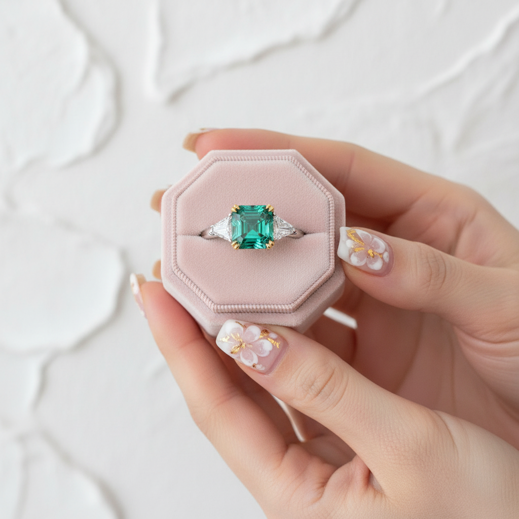 4.5ct Simulated Paraiba Tourmaline Asscher Cut Three Stone Engagement Ring-Black Diamonds New York