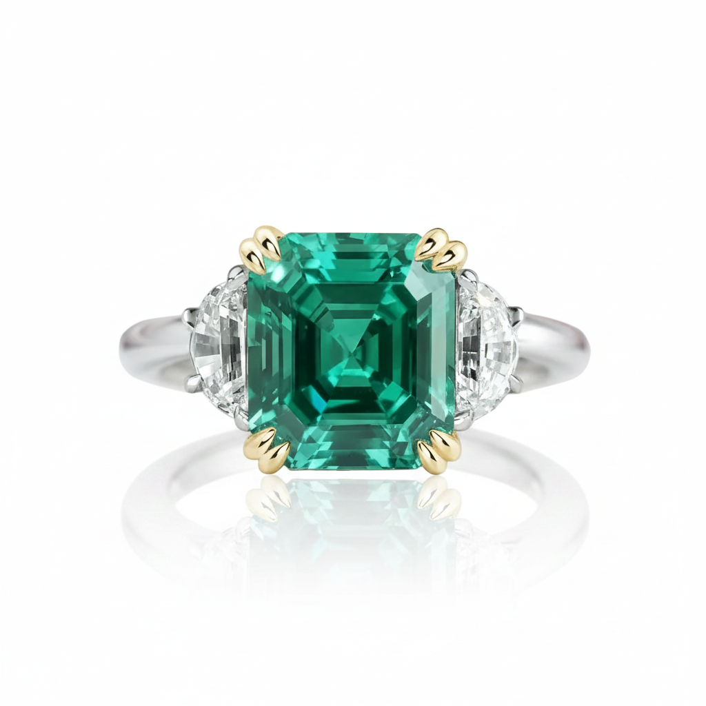 4.5ct Simulated Paraiba Tourmaline Asscher Cut Three Stone Engagement Ring-Black Diamonds New York