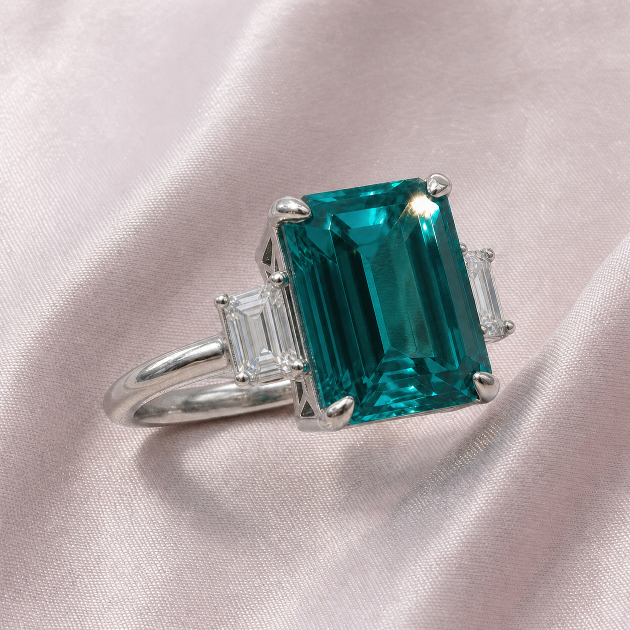 5.0ct Three-Stone Paraiba Tourmaline Radiant Cut Engagement Ring-Black Diamonds New York
