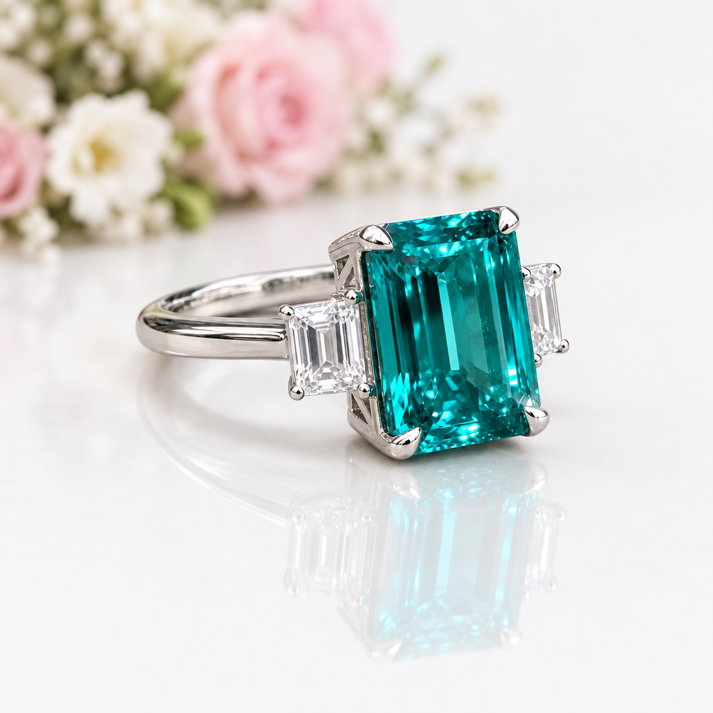 5.0ct Three-Stone Paraiba Tourmaline Radiant Cut Engagement Ring-Black Diamonds New York