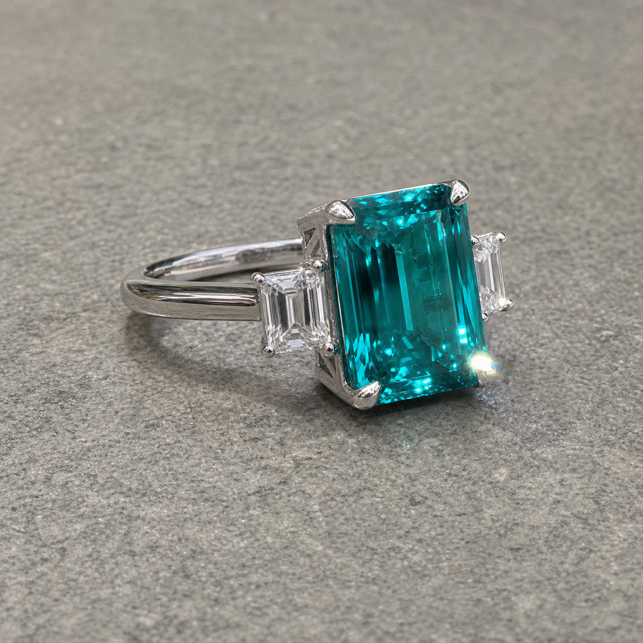 5.0ct Three-Stone Paraiba Tourmaline Radiant Cut Engagement Ring-Black Diamonds New York