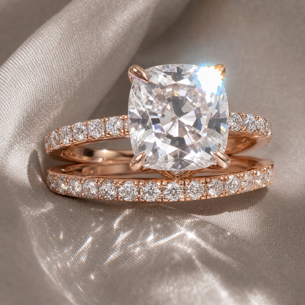 3.0ct Cushion Cut Rose Gold Clear Sapphire Wedding Ring Set-Black Diamonds New York