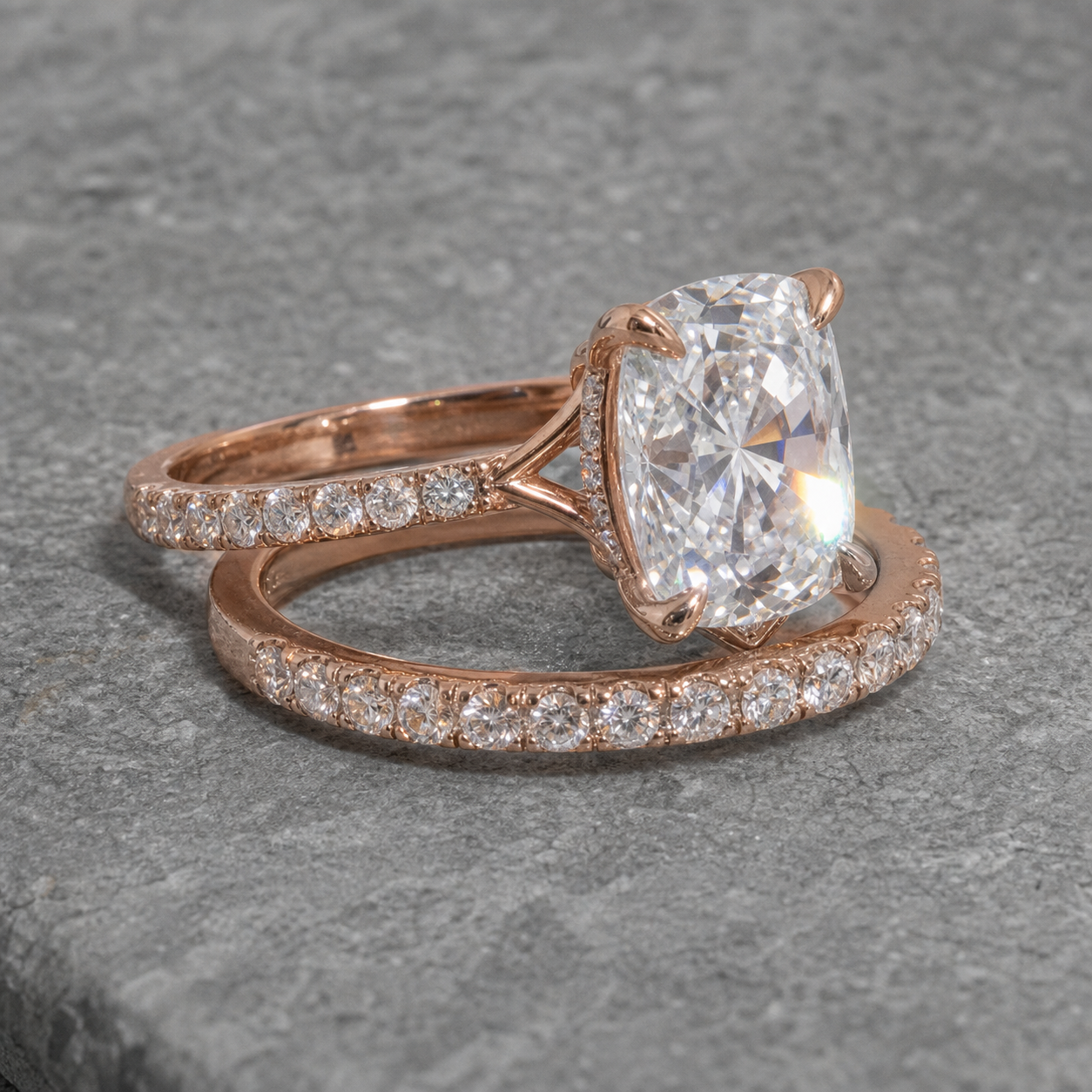 3.0ct Cushion Cut Rose Gold Clear Sapphire Wedding Ring Set-Black Diamonds New York