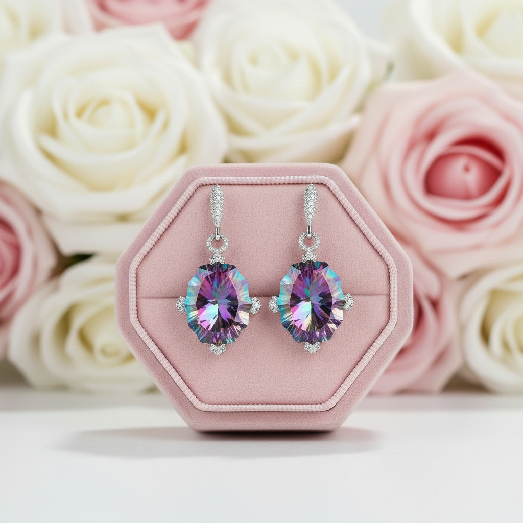 48.42Ct Natural Rainbow Mystic Quartz Drop Earrings-Black Diamonds New York