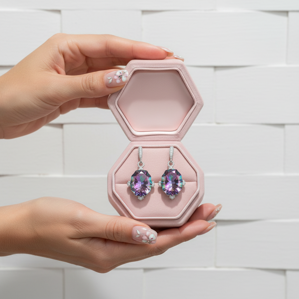 48.42Ct Rainbow Mystic Quartz Drop Earrings-Black Diamonds New York