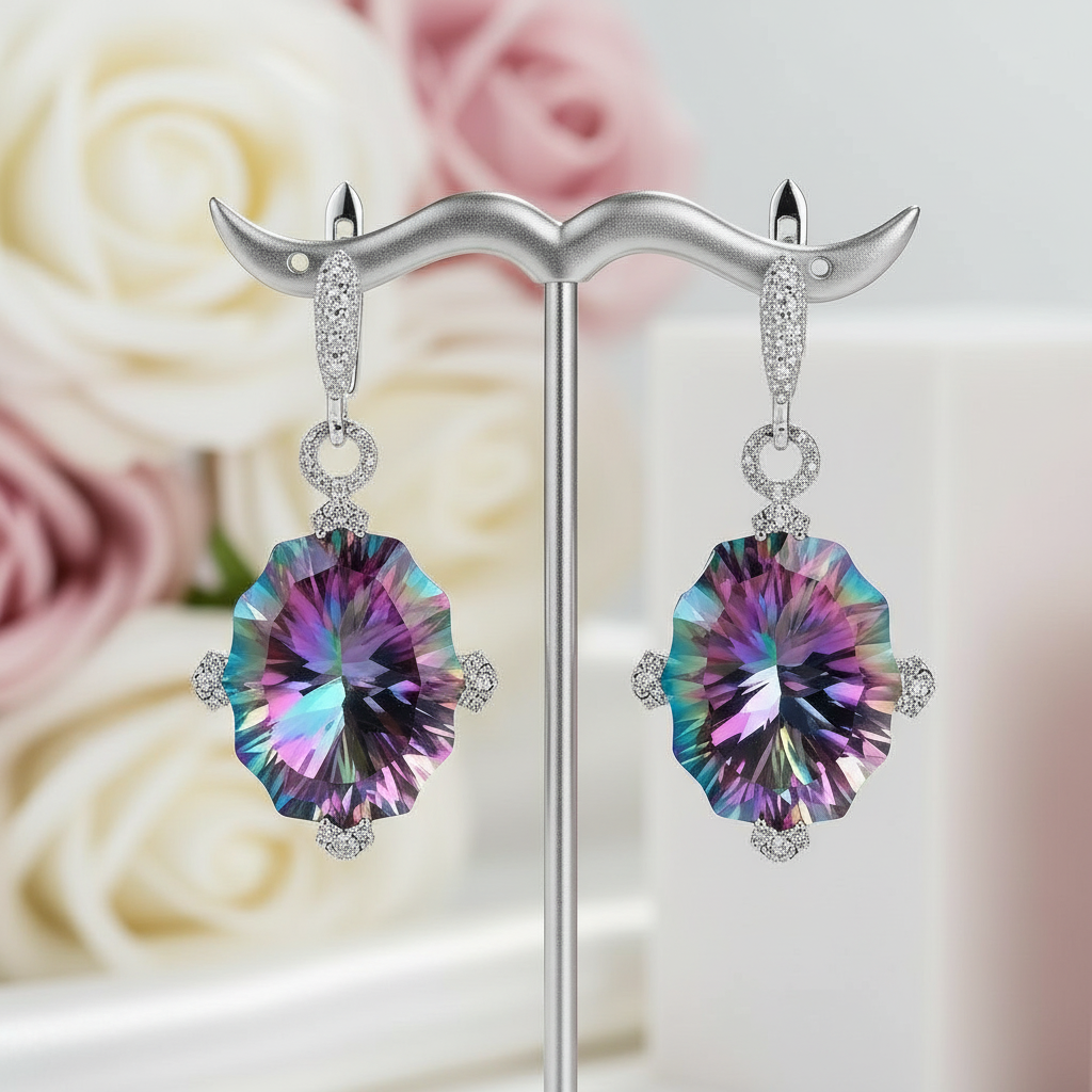 48.42Ct Natural Rainbow Mystic Quartz Drop Earrings-Black Diamonds New York