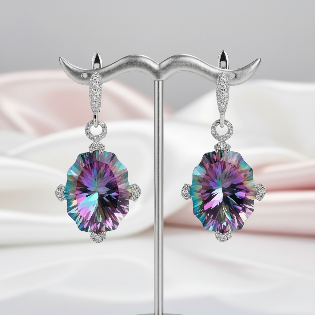 48.42Ct Rainbow Mystic Quartz Drop Earrings-Black Diamonds New York