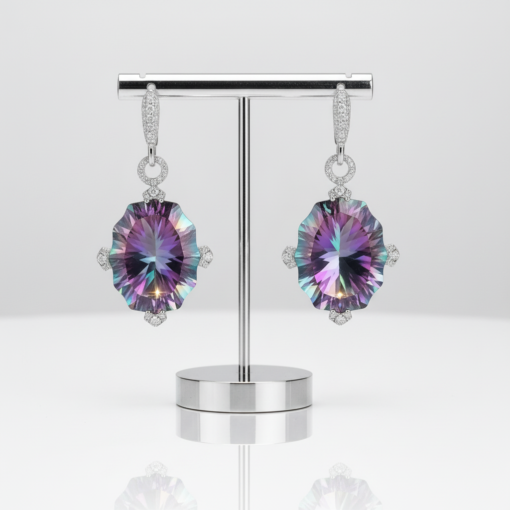 48.42Ct Rainbow Mystic Quartz Drop Earrings-Black Diamonds New York