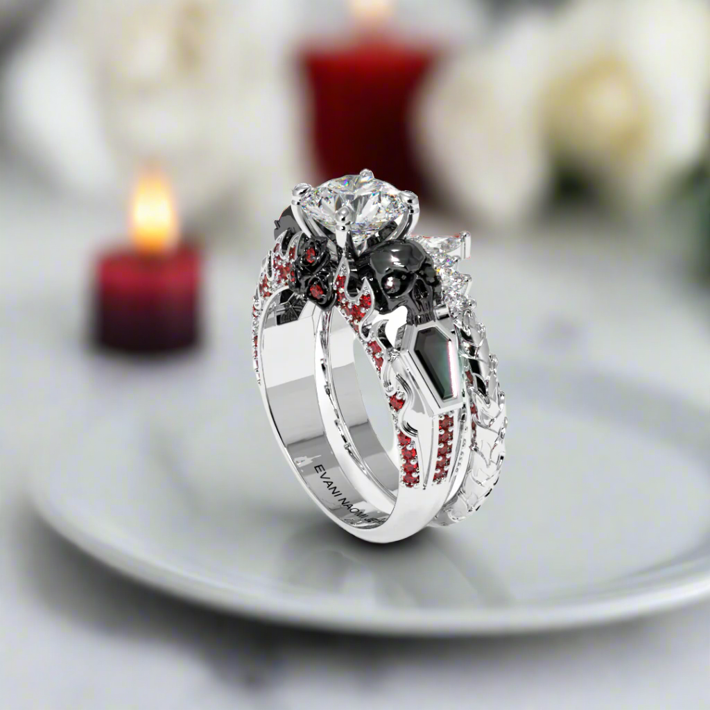 Eternal Flame- Round Cut Diamond Coffin Wedding Ring Set-Black Diamonds New York