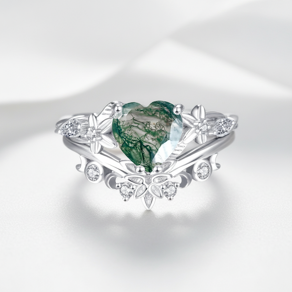 Heart Shaped Moss Agate Engagement Ring Set-Black Diamonds New York