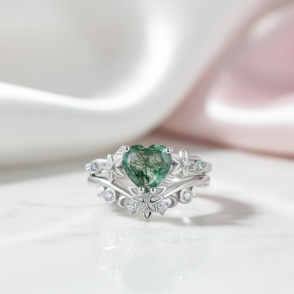 Heart Shaped Moss Agate Engagement Ring Set-Black Diamonds New York