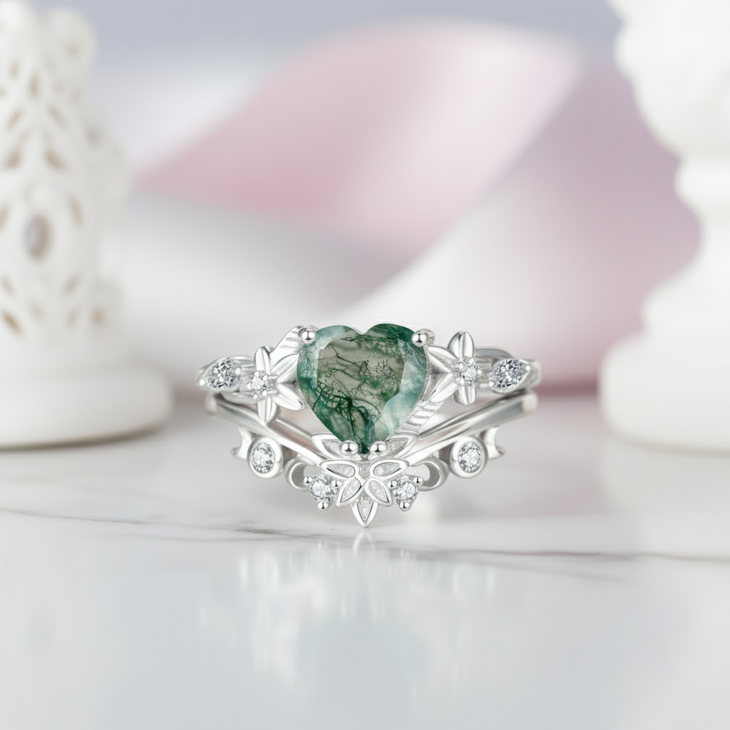 Heart Shaped Moss Agate Engagement Ring Set-Black Diamonds New York