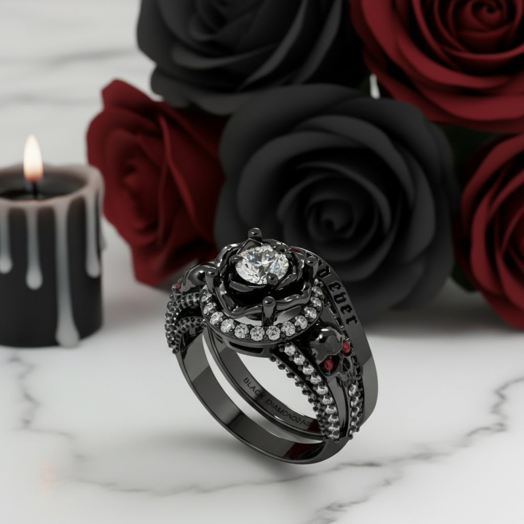 Forever And Ever Wedding Rings- 14k Rose Gold with Skulls-Black Diamonds New York