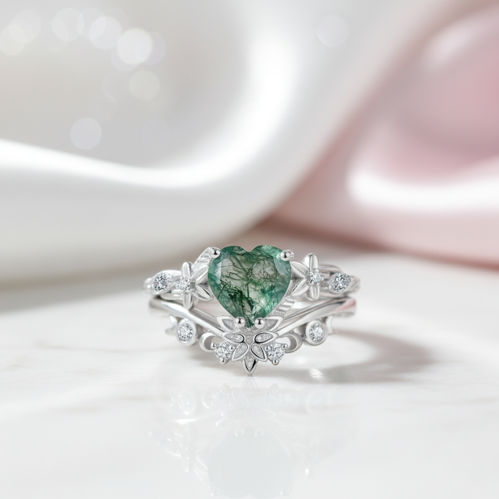 Heart Shaped Moss Agate Engagement Ring Set-Black Diamonds New York
