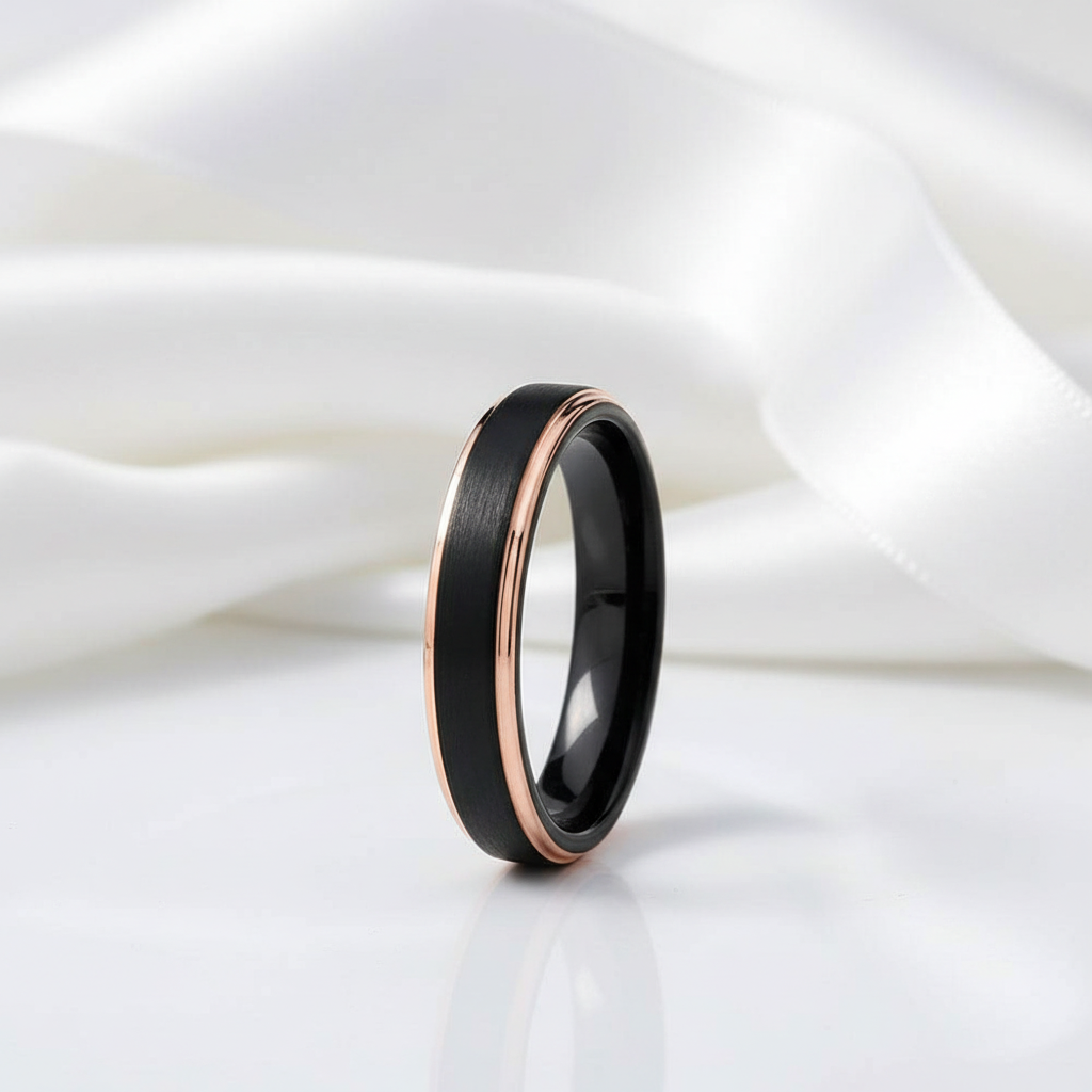 4mm Black with Rose Gold Tungsten Carbide Women's Ring Band-Black Diamonds New York