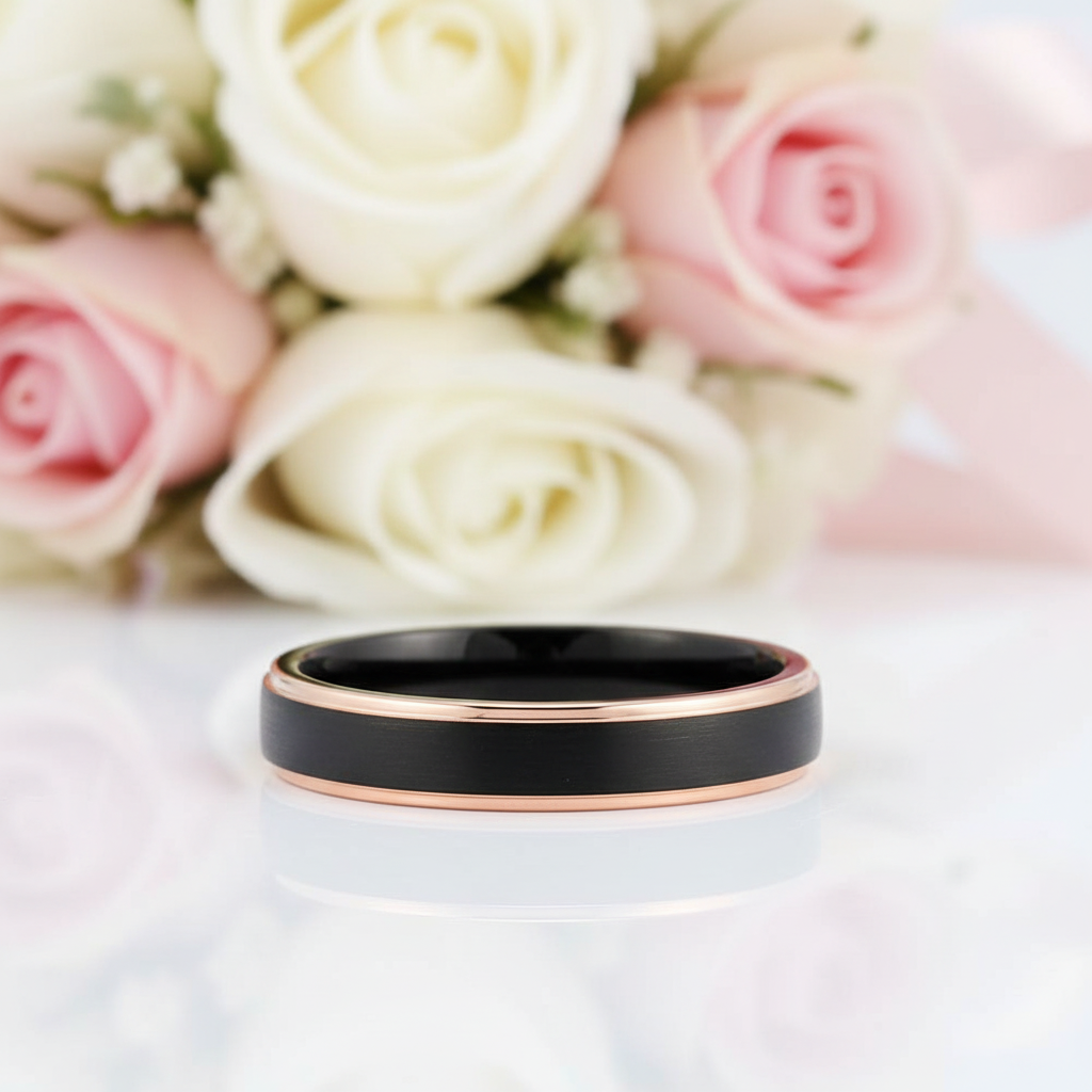 4mm Black with Rose Gold Tungsten Carbide Women's Ring Band-Black Diamonds New York