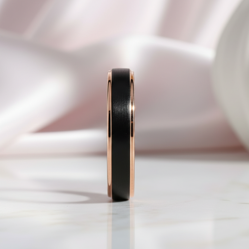 4mm Black with Rose Gold Tungsten Carbide Women's Ring Band-Black Diamonds New York