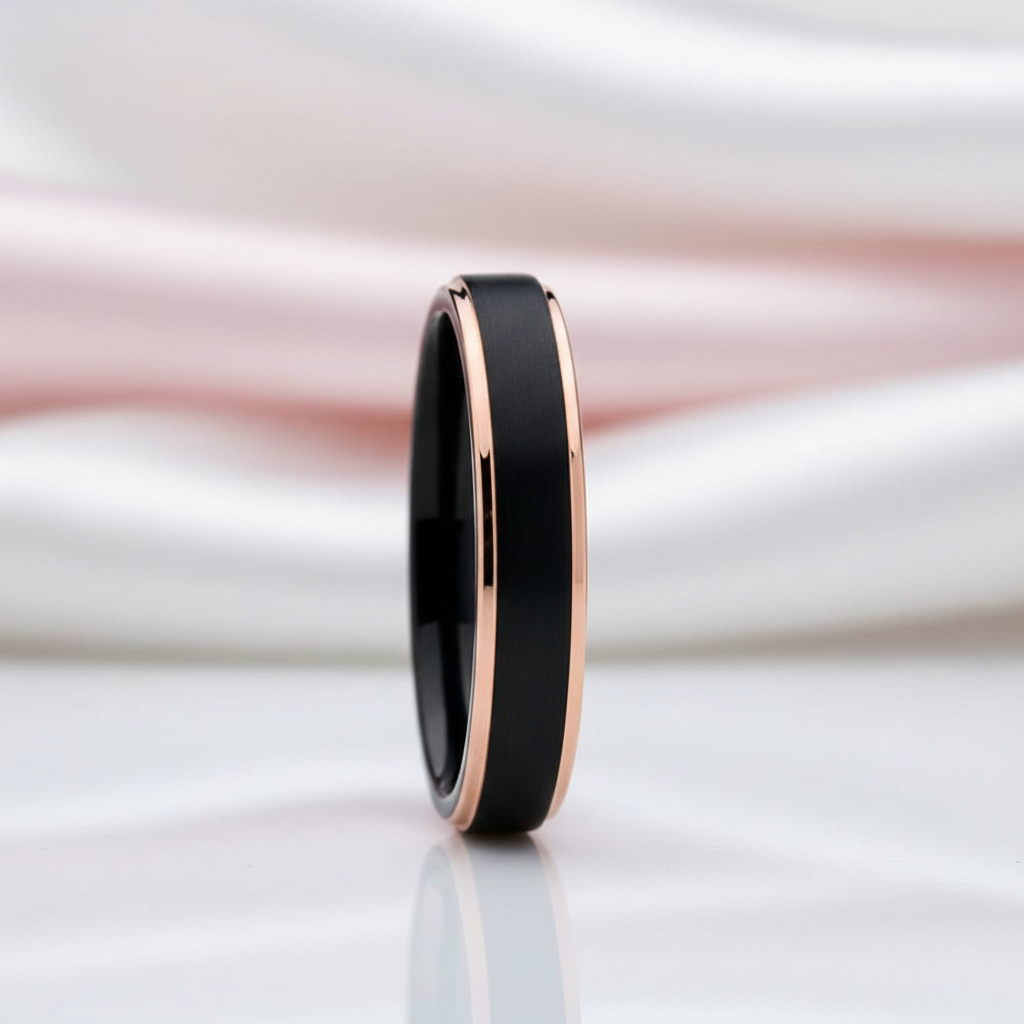 4mm Black with Rose Gold Tungsten Carbide Women's Ring Band-Black Diamonds New York