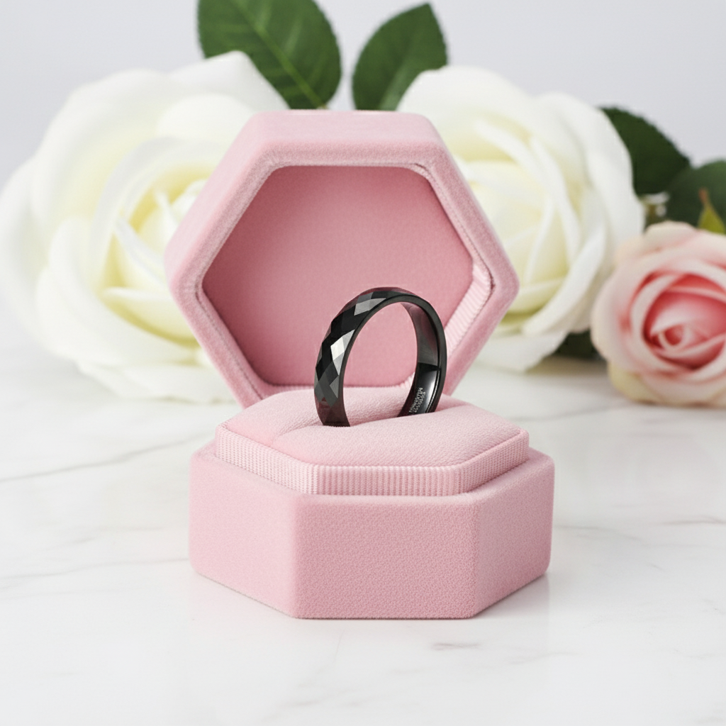 4mm Multi-Faceted Tungsten Wedding Band-Black Diamonds New York