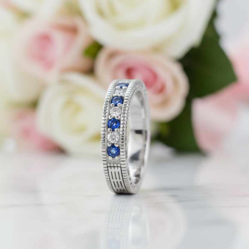 4mm White & Blue Diamond Option Stackable Wedding Band-Black Diamonds New York