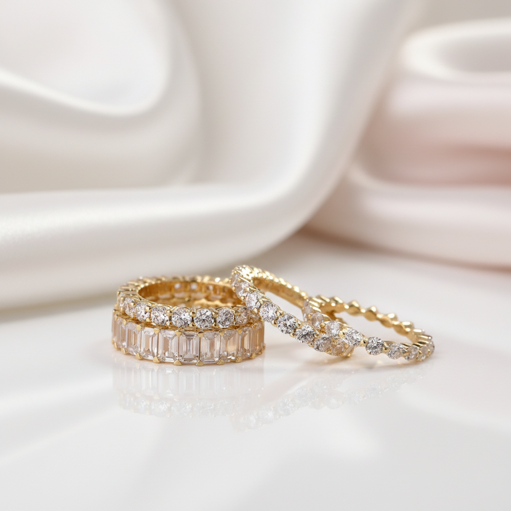 4PC Stackable Stunning Yellow Gold Ring Band Set-Black Diamonds New York