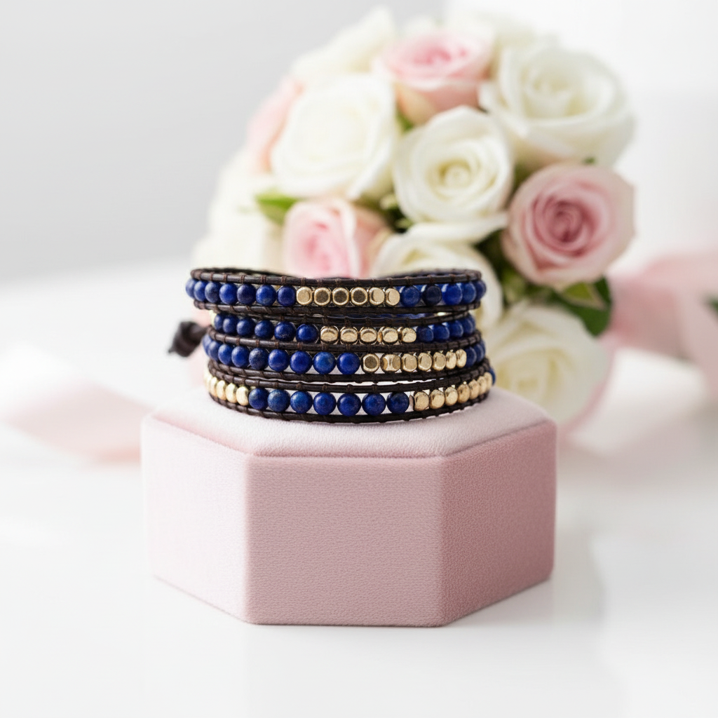 5 Wraps Boho Leather Natural Lapis Lazuli + Beads Stone-Black Diamonds New York