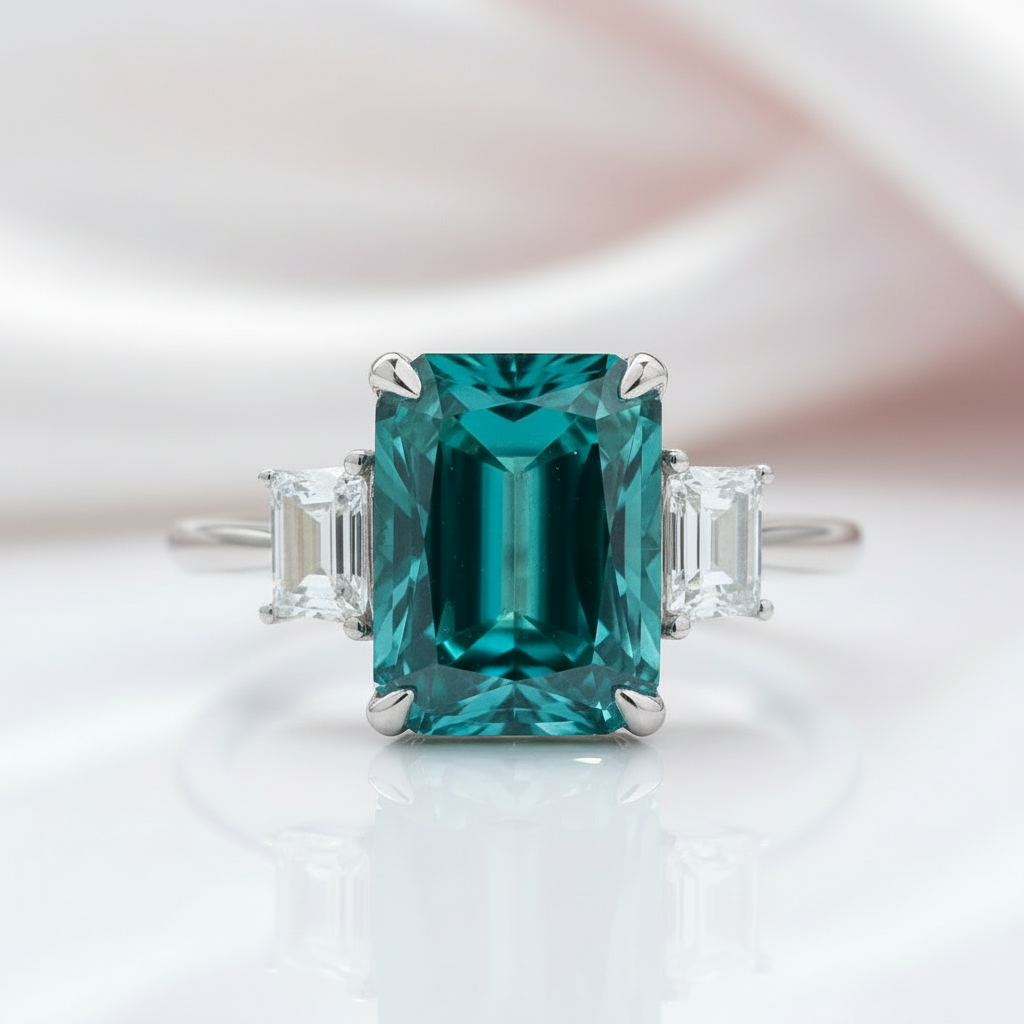 5.0ct Three-Stone Paraiba Tourmaline Radiant Cut Engagement Ring-Black Diamonds New York