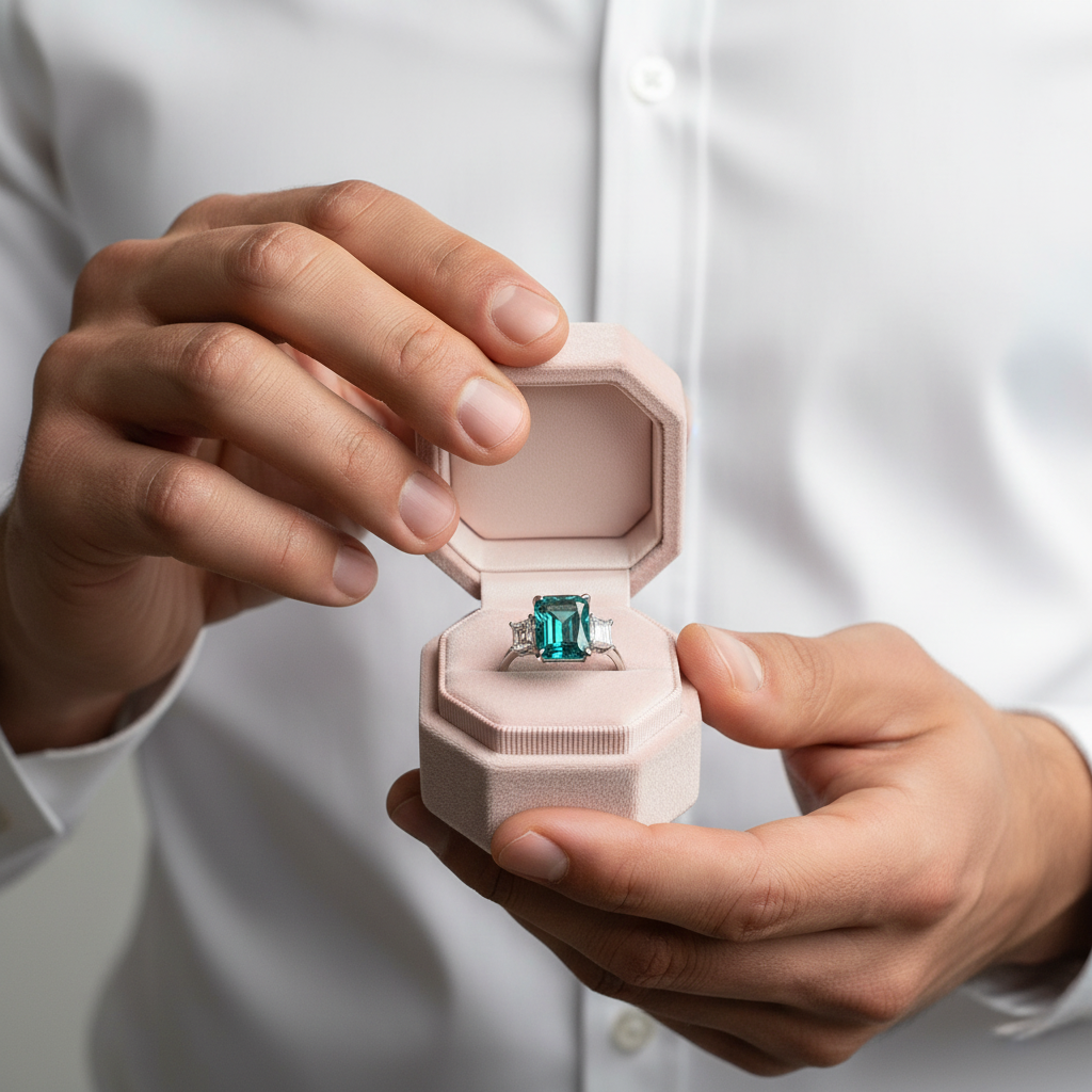 5.0ct Three-Stone Paraiba Tourmaline Radiant Cut Engagement Ring-Black Diamonds New York