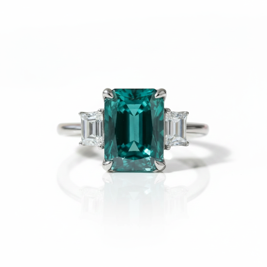 5.0ct Three-Stone Paraiba Tourmaline Radiant Cut Engagement Ring-Black Diamonds New York
