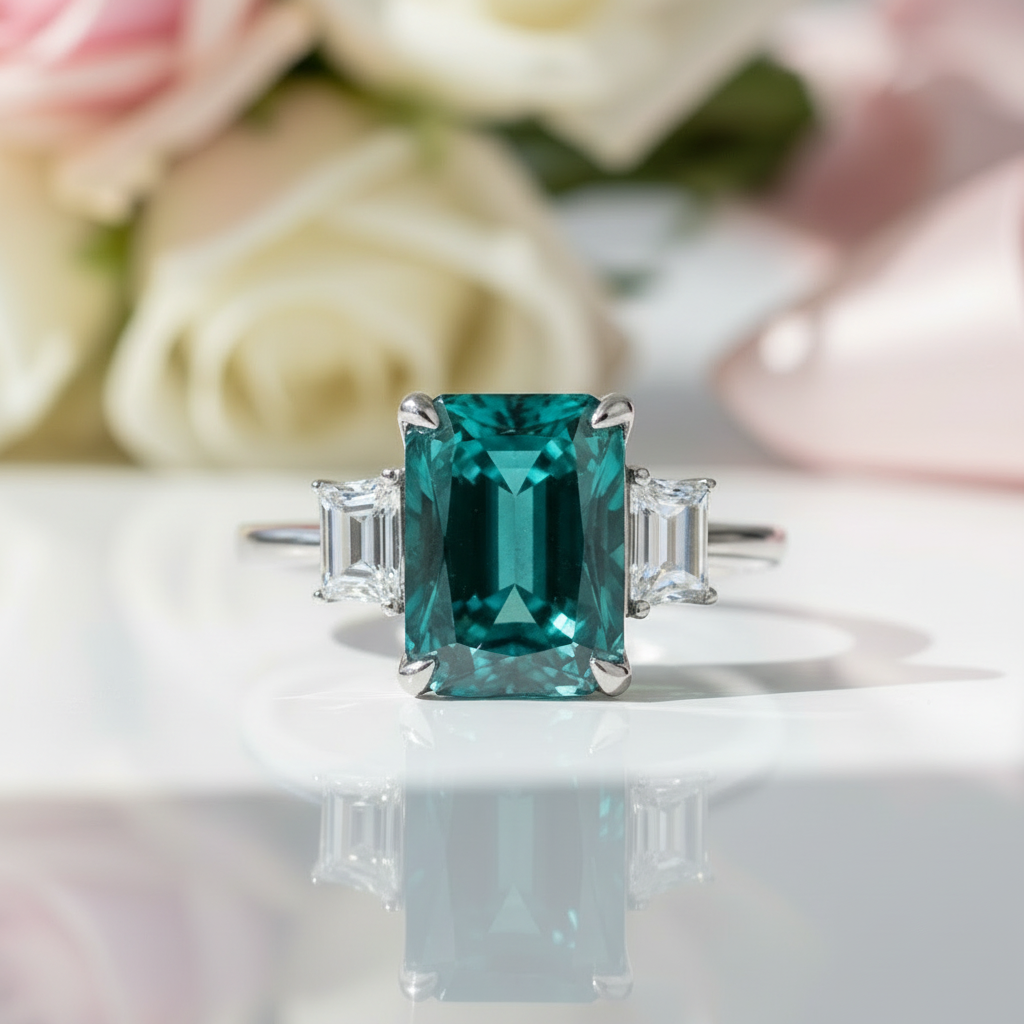 5.0ct Three-Stone Paraiba Tourmaline Radiant Cut Engagement Ring-Black Diamonds New York