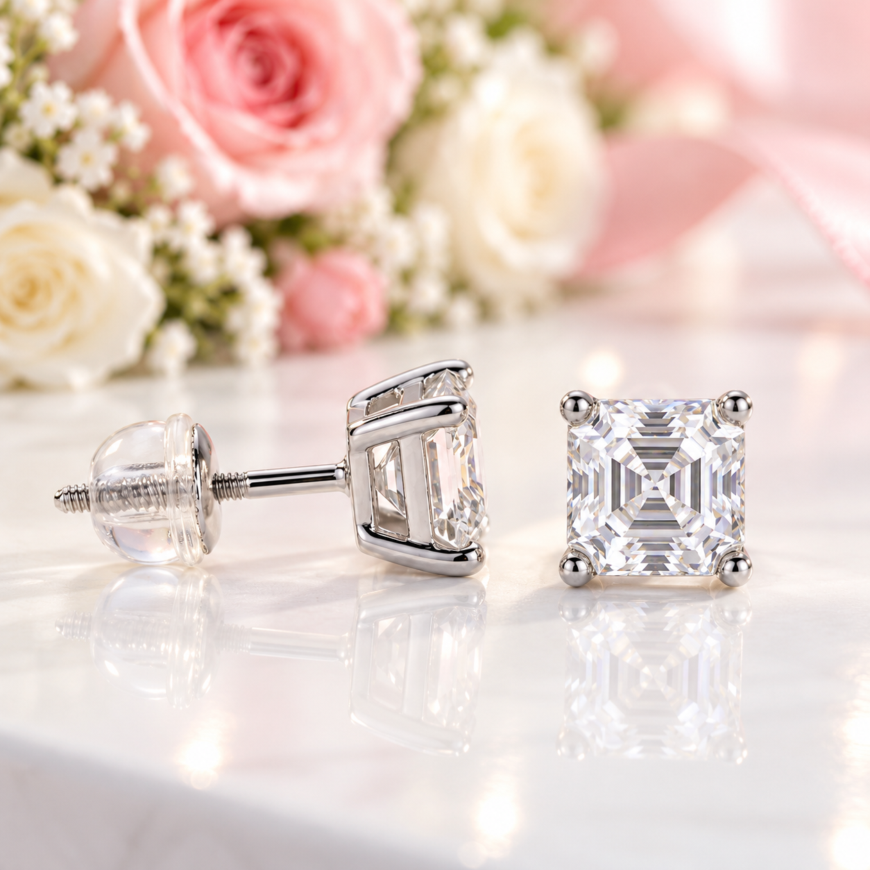 5.5mm Asscher Cut Diamond Option Stud Earrings-Black Diamonds New York