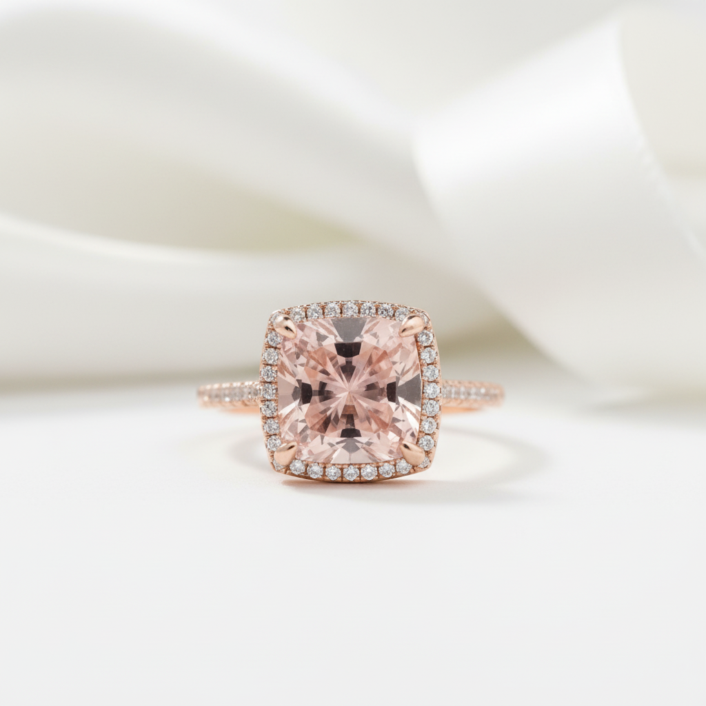 Rose gold ring with a large pink gemstone on a white background
