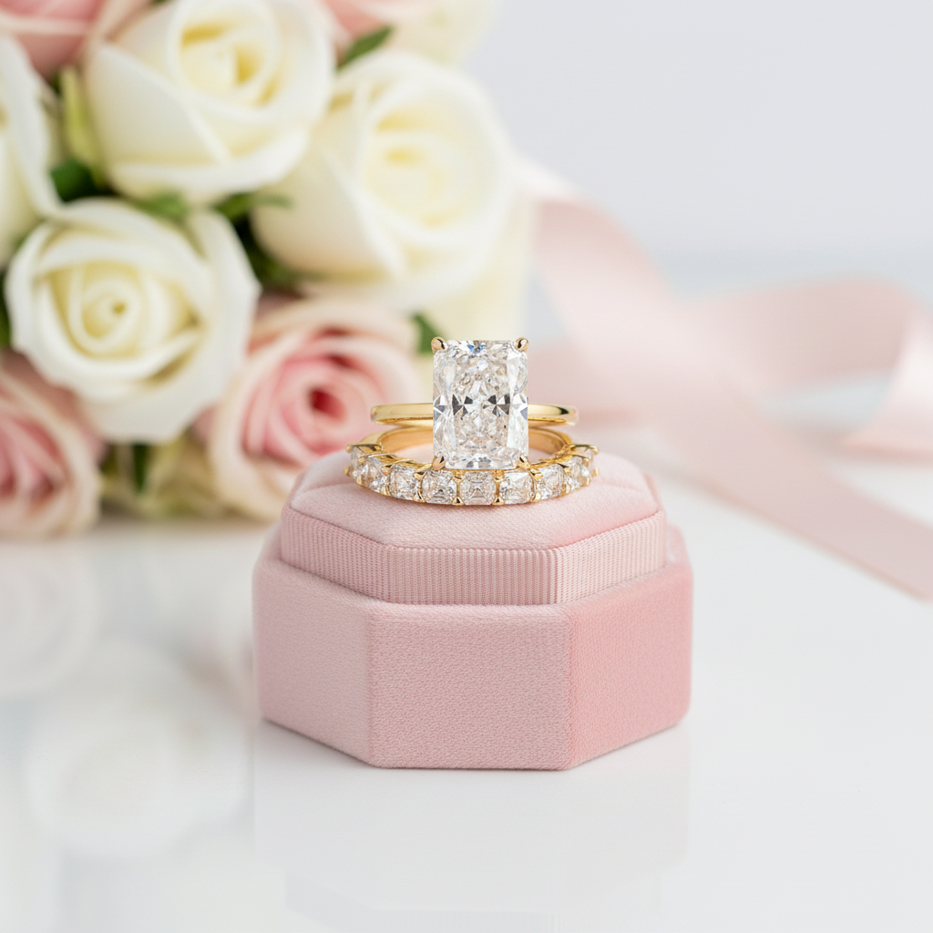 5.0CT Radiant Cut Yellow Gold Ring Set-Black Diamonds New York