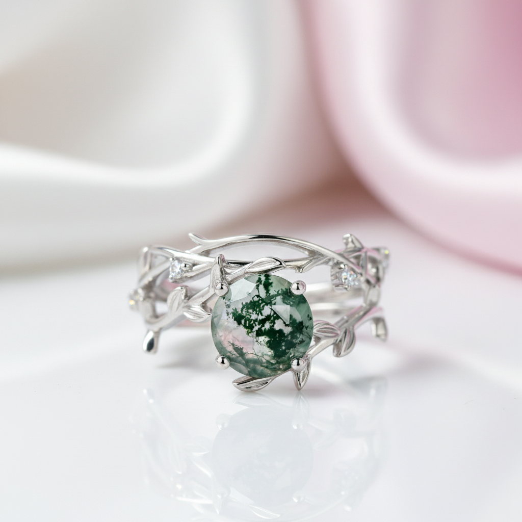 Green Moss Agate Vintage Leaf Style Resizable Ring Set-Black Diamonds New York