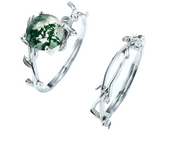 Green Moss Agate Vintage Leaf Style Resizable Ring Set-Black Diamonds New York