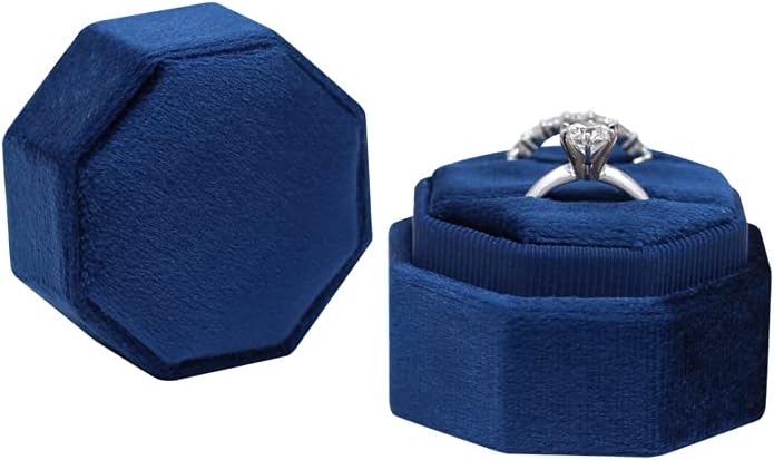 Navy Blue Love Is Patient Double Ring Slots Octagon Velvet Ring Box