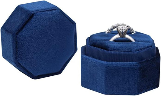 Navy Blue Love Is Patient Double Ring Slots Octagon Velvet Ring Box-Black Diamonds New York