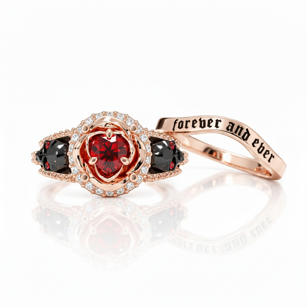 Forever And Ever Wedding Rings- 14k Rose Gold with Skulls-Black Diamonds New York