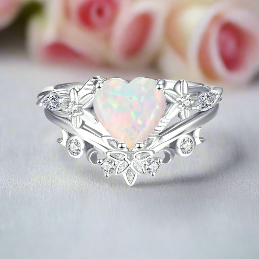 Heart Shaped Moss Agate Engagement Ring Set-Black Diamonds New York