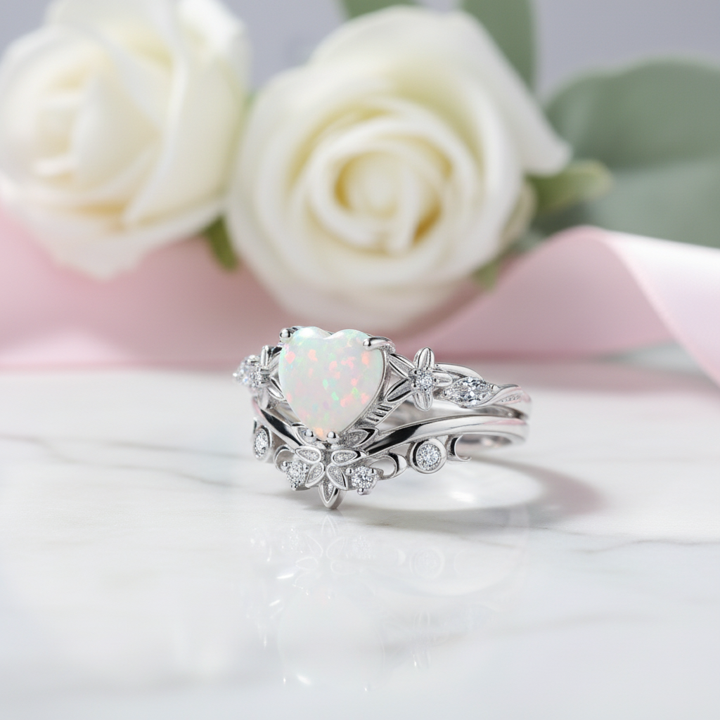 Heart Shaped Moss Agate Engagement Ring Set-Black Diamonds New York