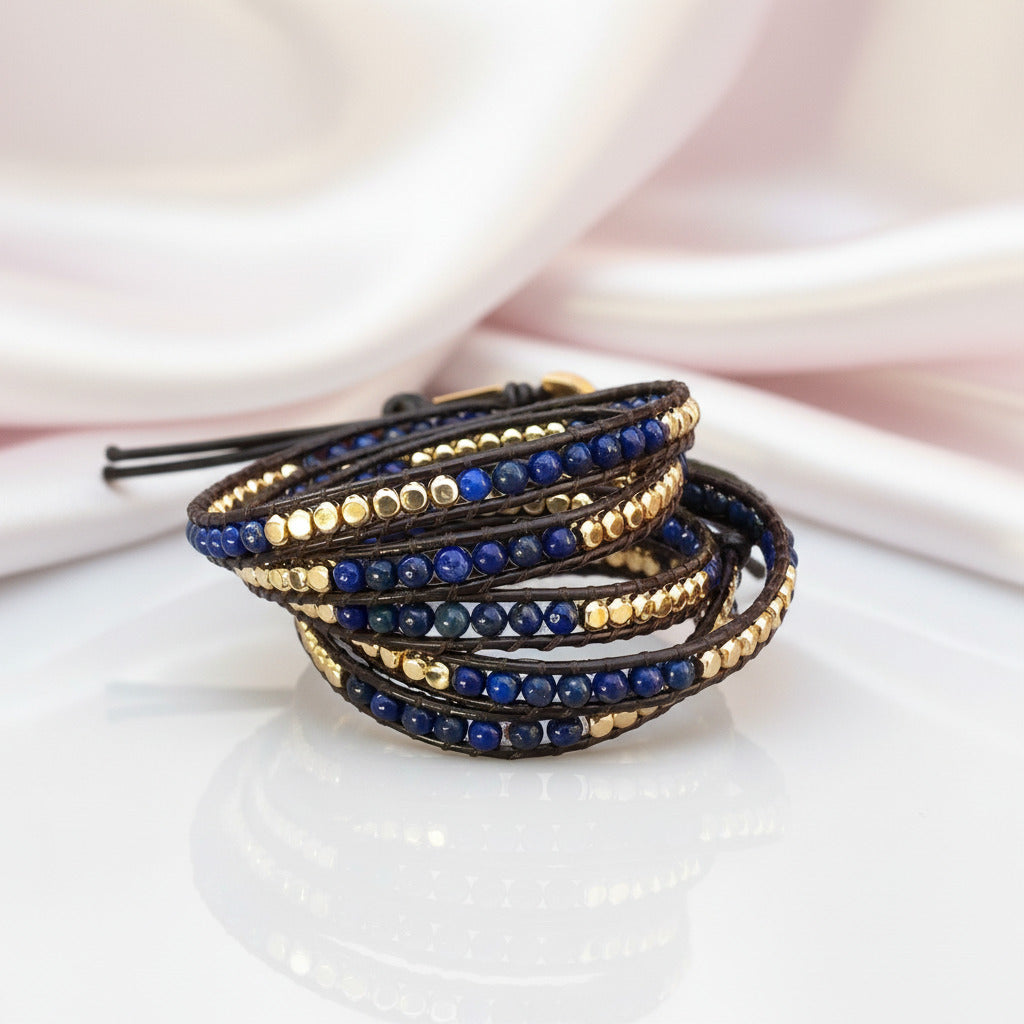 5 Wraps Boho Leather Natural Lapis Lazuli + Beads Stone-Black Diamonds New York