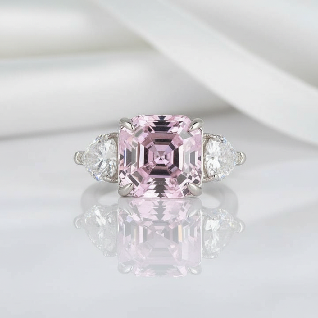 5ct Pink Sapphire Asscher Cut Three Stone Engagement Ring-Black Diamonds New York