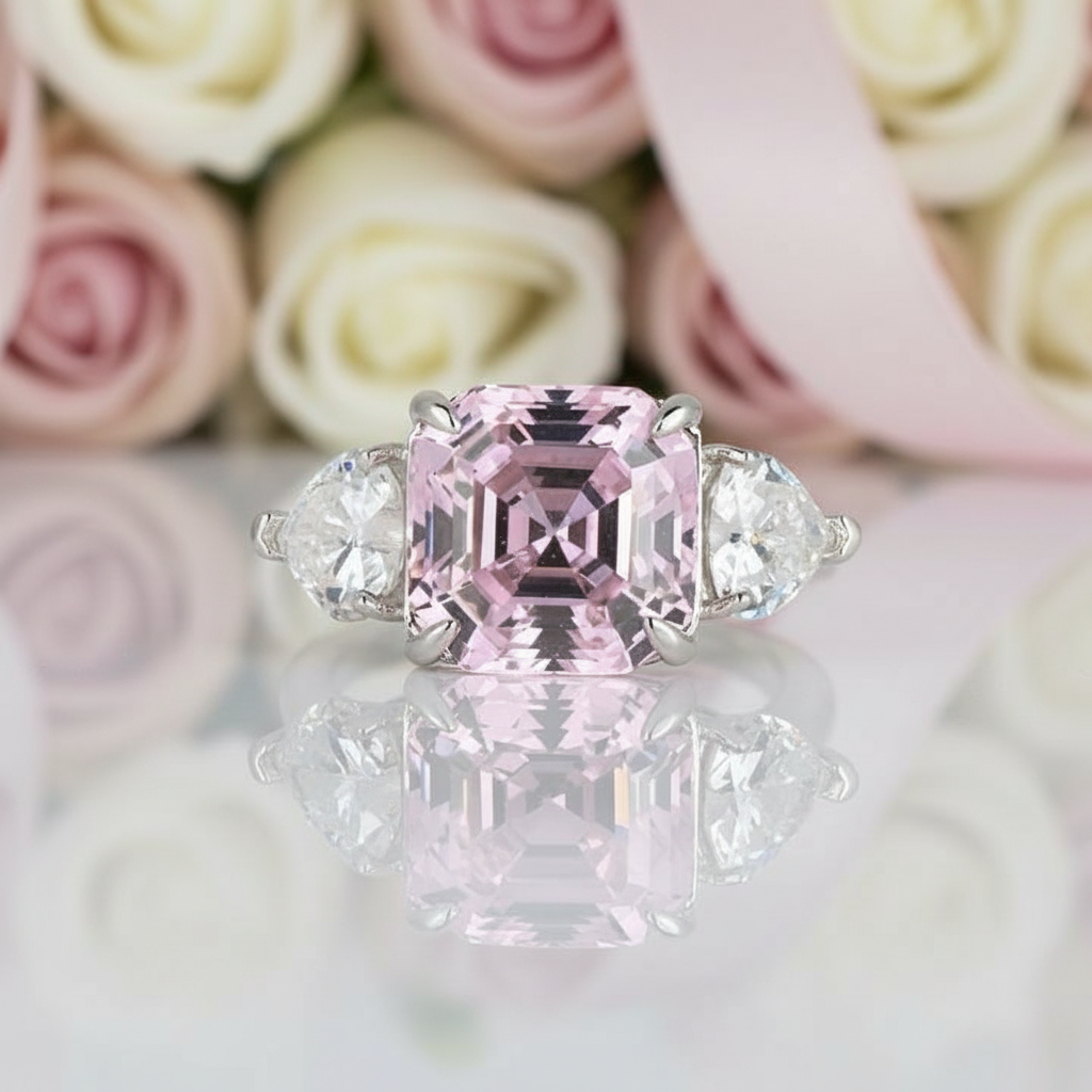 5ct Pink Sapphire Asscher Cut Three Stone Engagement Ring-Black Diamonds New York