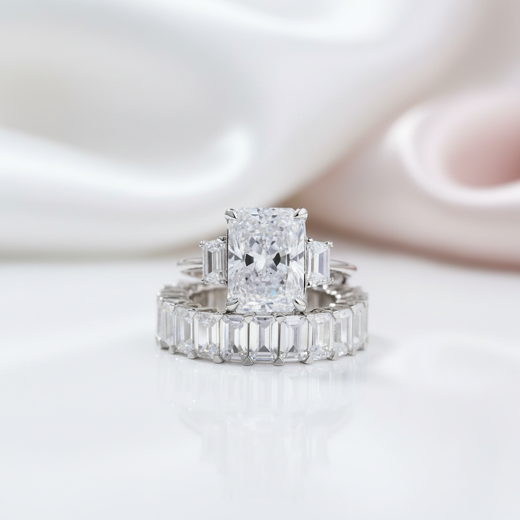 5ct Radiant Cut Simulated Diamond Option Three Stone Ring Set-Black Diamonds New York