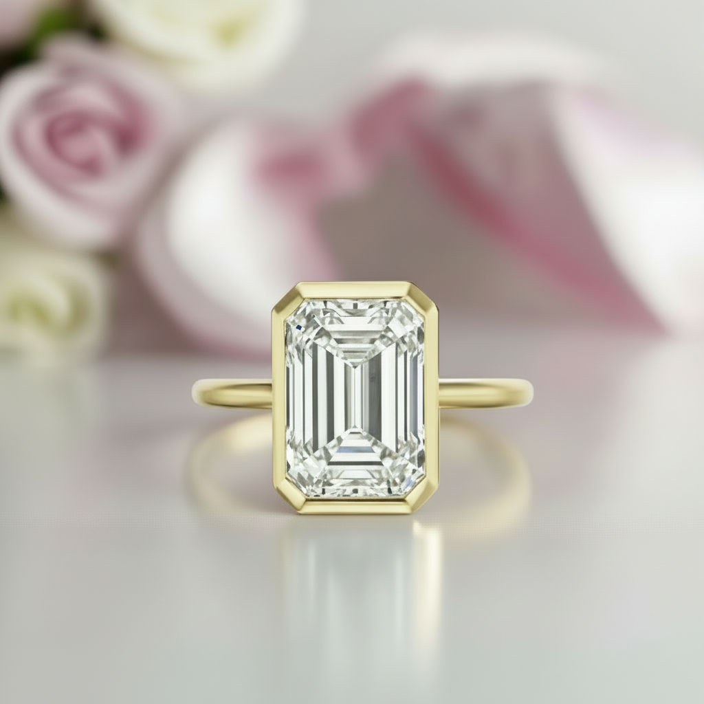 5ct Emerald Cut Diamond Bezel Engagement Ring-Black Diamonds New York