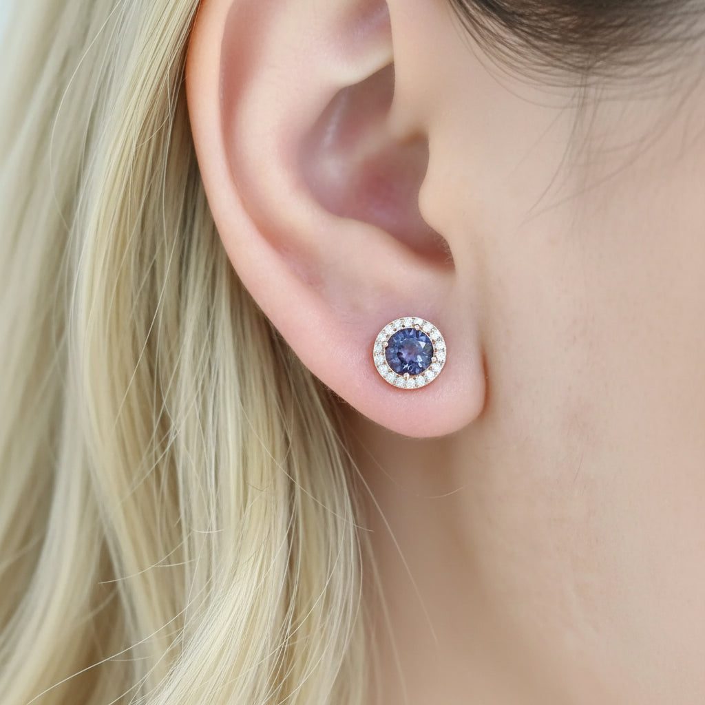 5mm Round Color Changing Alexandrite Halo Stud Earrings-Black Diamonds New York