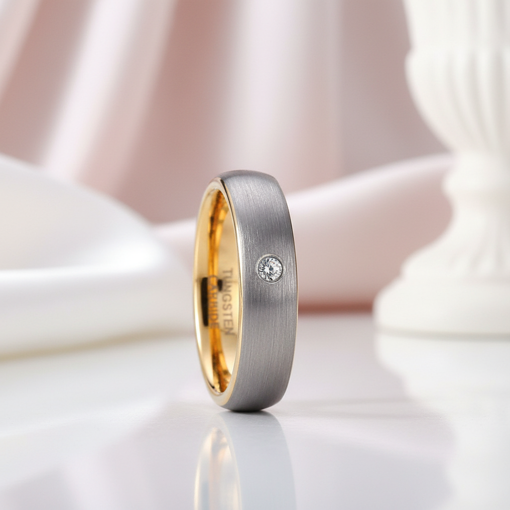 Dome Brushed Finished Tungsten Wedding Band with Diamond Option-Black Diamonds New York