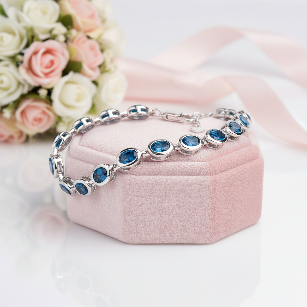 Oval London Blue Topaz Gemstone Bracelet-Black Diamonds New York